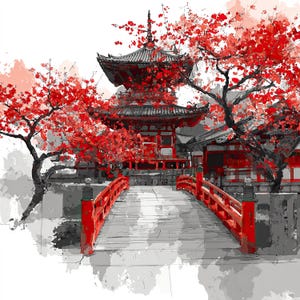 May include: Watercolor painting of a Japanese pagoda with a red bridge and vibrant red trees. The architecture is detailed with a mix of red, gray, and white tones. The scene evokes a sense of tranquility and cultural beauty.