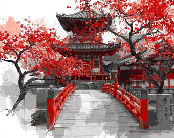 Clipart acquerello di un tempio giapponese: Pagoda dei fiori di ciliegio (arte digitale)