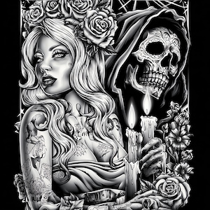 Attractive Woman Skull Chicano Art Clipart, 15 JPGs, Day of the Dead, Chola Chicana