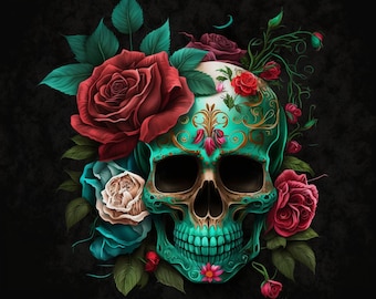 Clipart de caveira de açúcar mexicana – Dia de los Muertos floral verde PNG (download digital)