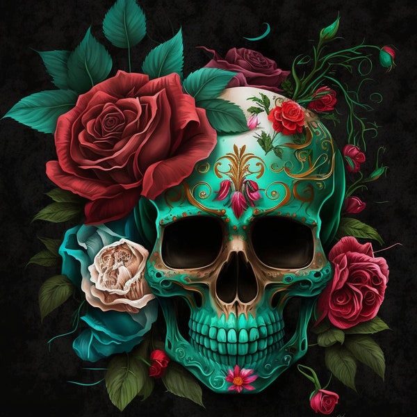 Clipart de roses tête de mort mexicain vert - 5 PNG de haute qualité - agenda numérique, journal indésirable, Art du jour des morts, usage commercial numérique