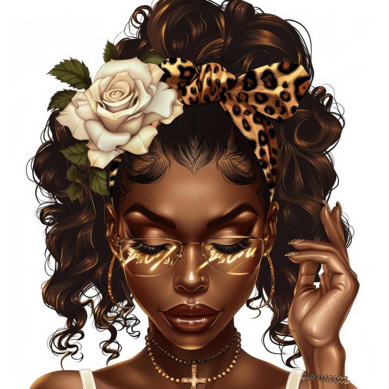 May include: A digital illustration of a woman with dark brown curly hair wearing a leopard print headband, gold hoop earrings, and gold-rimmed glasses. She is wearing a gold necklace with a cross pendant.