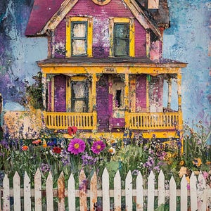 Images d'art imprimables maisons fantaisistes, clipart en téléchargement numérique, maison de ferme technique mixte papier numérique original | Création de cartes artistiques pour journal indésirable