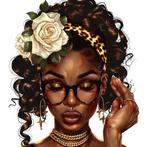 May include: A digital illustration of a woman with dark brown curly hair wearing a leopard print headband, white flowers, gold jewelry, and glasses. She has a nose ring and is looking down.
