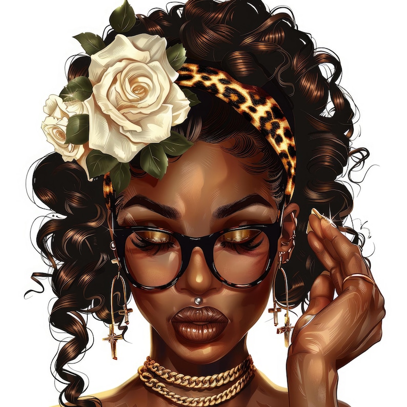 May include: A digital illustration of a woman with dark brown curly hair wearing a leopard print headband, white flowers, gold jewelry, and glasses. She has a nose ring and is looking down.