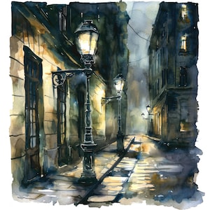 Imágenes prediseñadas de calles de ciudades europeas por la noche: 16 imágenes JPG en acuarela, faroles, pueblos históricos, paisajes nocturnos de ensueño, arte digital para sublimación