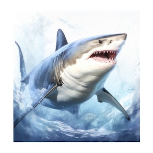 May include: A large great white shark with its mouth open, showing its sharp teeth, leaps out of the water. The shark is white with a gray back and is surrounded by blue water and white splashes.