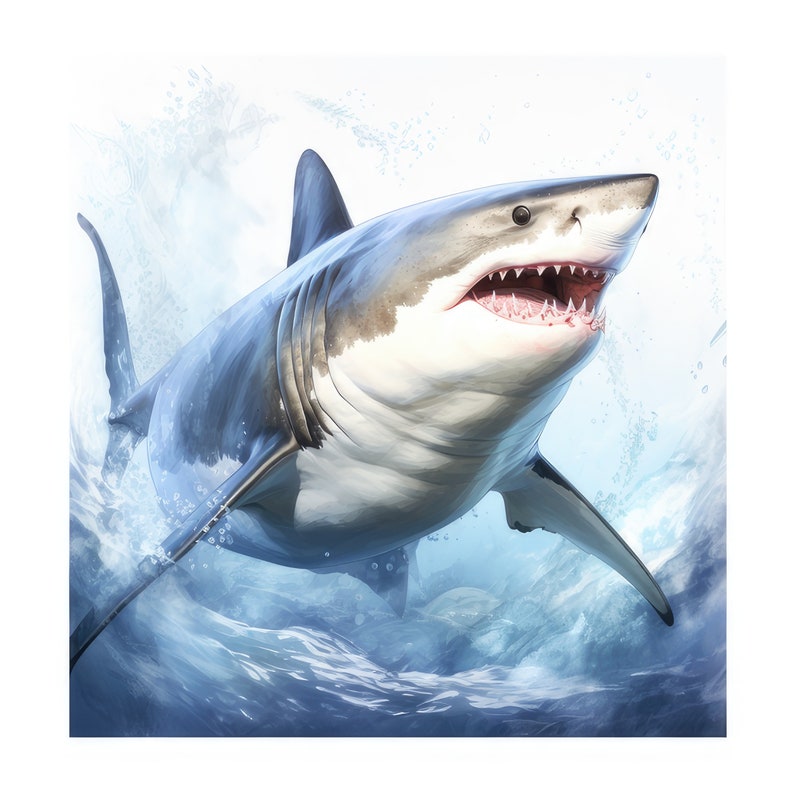 May include: A large great white shark with its mouth open, showing its sharp teeth, leaps out of the water. The shark is white with a gray back and is surrounded by blue water and white splashes.