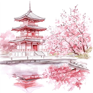 21 imágenes prediseñadas de templos japoneses en acuarela / Arte digital de pagodas de cerezos en flor / Ilustraciones de arquitectura asiática / JPG de alta resolución de 300 DPI