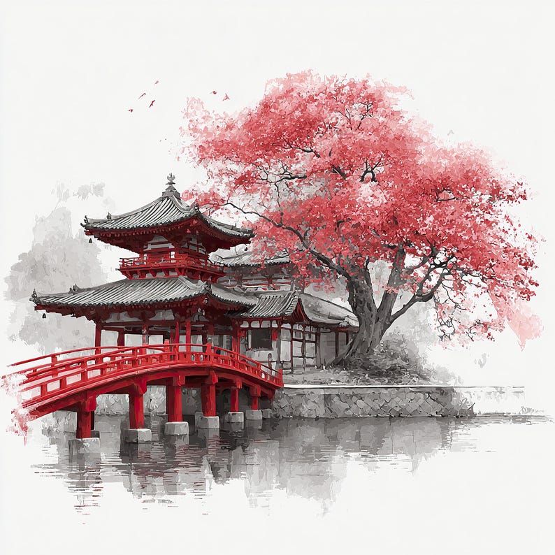 Watercolor Japanese Temple Clipart: Cherry Blossom Pagoda (digital Art ...