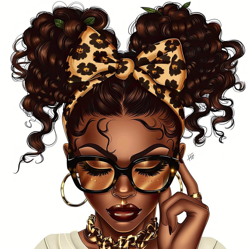 May include: A digital illustration of a Black woman with brown curly hair styled in two high ponytails with a leopard print headband. She is wearing gold hoop earrings, gold chain necklace, and black glasses.