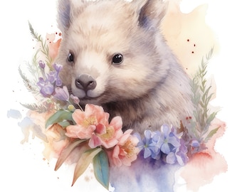 Cute Wombat with Flowers Clipart, 10 High Quality JPGs | High Resolution | 300 DPI | Instant Digital Download, Personal & Commercial Use