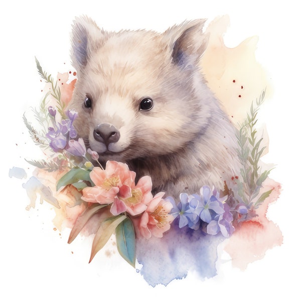 Süßer Wombat mit Blumen Clipart, 10 High Quality JPGs | Hohe Auflösung | 300 DPI | Sofortiger digitaler Download, persönliche und kommerzielle Nutzung