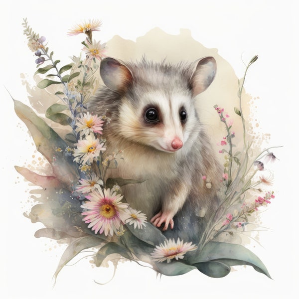 Australian Possum with Flowers Clipart, 16 High Quality JPGs, Digital Planner, Junk Journaling, Watercolor, Wall Art, Commercial Use Digital