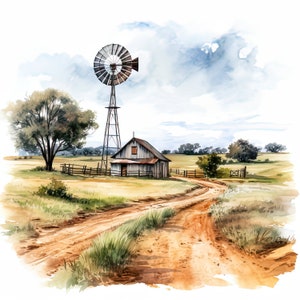 Farm Barns & Windmill Clipart, 23 JPGs de alta qualidade, fazendas em aquarela, fazenda rancho moinho de vento, fazenda clipart paisagem paisagem campo