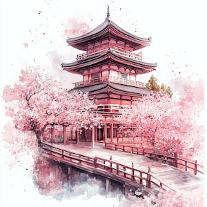21 imágenes prediseñadas de templos japoneses en acuarela / Arte digital de pagodas de cerezos en flor / Ilustraciones de arquitectura asiática / JPG de alta resolución de 300 DPI