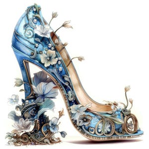 18 imágenes prediseñadas de tacones altos con flores en acuarela, 18 archivos JPG de alta calidad, elegante ilustración de zapatos de moda, arte de tacones con flores moradas, decoración elegante para bodas.