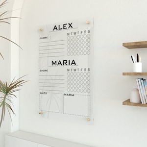 Cuadro de tareas familiares moderno para su hogar, centro de comando personalizado para 2 personas, cuadro de tareas personalizado, calendario acrílico para pared