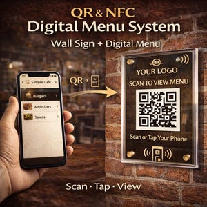 Puede incluir: Un sistema de menú digital con un letrero de pared y un teléfono inteligente que muestra opciones de menú. El letrero de pared presenta un código QR y el texto "Scan to View Menu". El letrero está montado en una pared de ladrillo. El texto "Scan Tap View" está en la parte inferior.