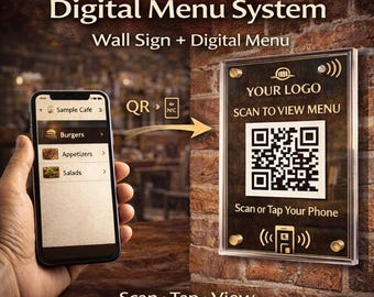 QR & NFC Digital Menu Wall Sign | Custom Restaurant Menu Sign | Acrylic QR Menu Board | Digital Menu Setup Included
