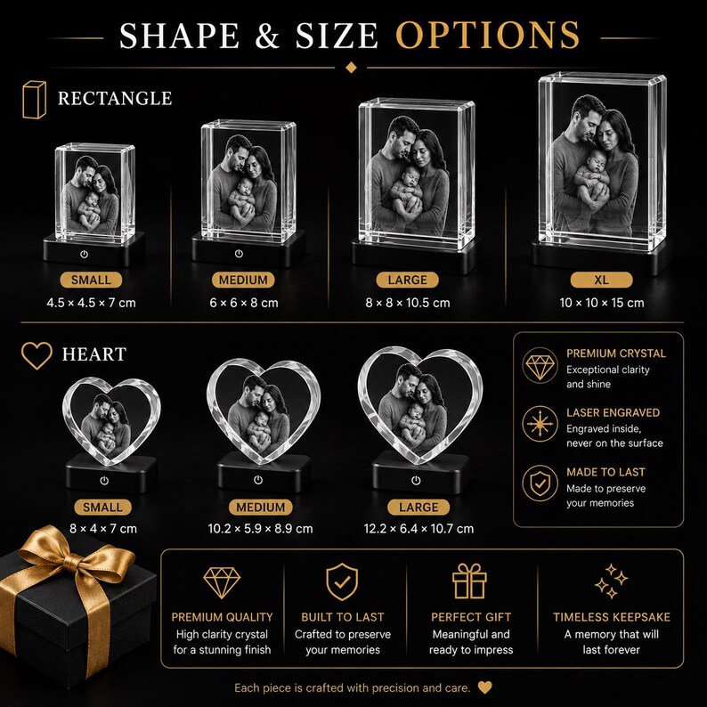 May include: A collection of clear crystal blocks and heart-shaped ornaments featuring laser-engraved family portraits. The display shows various sizes with dimensions ranging from 4.5 x 4.5 x 7 cm to 12.2 x 6.4 x 10.7 cm, set on black bases with power buttons.
