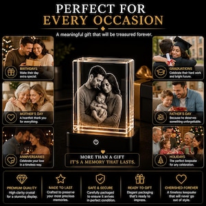 May include: A rectangular crystal block featuring a 3D laser-etched image of a family with a baby, resting on a black light-up base with a power button. The image includes text: PERFECT FOR EVERY OCCASION, A meaningful gift that will be treasured forever, MORE THAN A GIFT IT'S A MEMORY THAT LASTS, and various event labels.