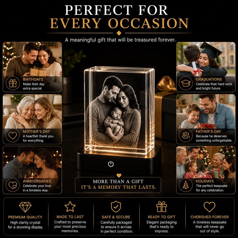 May include: A rectangular crystal block featuring a 3D laser-etched image of a family with a baby, resting on a black light-up base with a power button. The image includes text: PERFECT FOR EVERY OCCASION, A meaningful gift that will be treasured forever, MORE THAN A GIFT IT'S A MEMORY THAT LASTS, and various event labels.