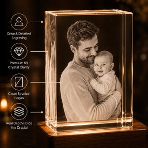 May include: A rectangular K9 crystal block featuring a 3D laser-engraved portrait of an adult holding a baby. The crystal has beveled edges and sits on a wooden base. Text labels include Crisp & Detailed Engraving, Premium K9 Crystal Clarity, Clean Beveled Edges, and Real Depth Inside the Crystal.