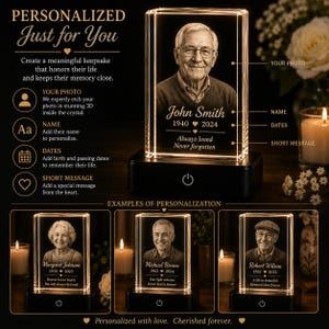 May include: A rectangular crystal block with a 3D laser-etched portrait of a person, name, dates, and a short message, illuminated by a black LED base. The display includes text labels for photo, name, dates, and message customization options.