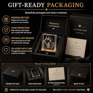 May include: A black gift box containing a rectangular glass crystal block with a laser-etched photograph of two adults holding a baby. The crystal sits on a black light-up base. The set includes a small card with the text A special gift for a special person.