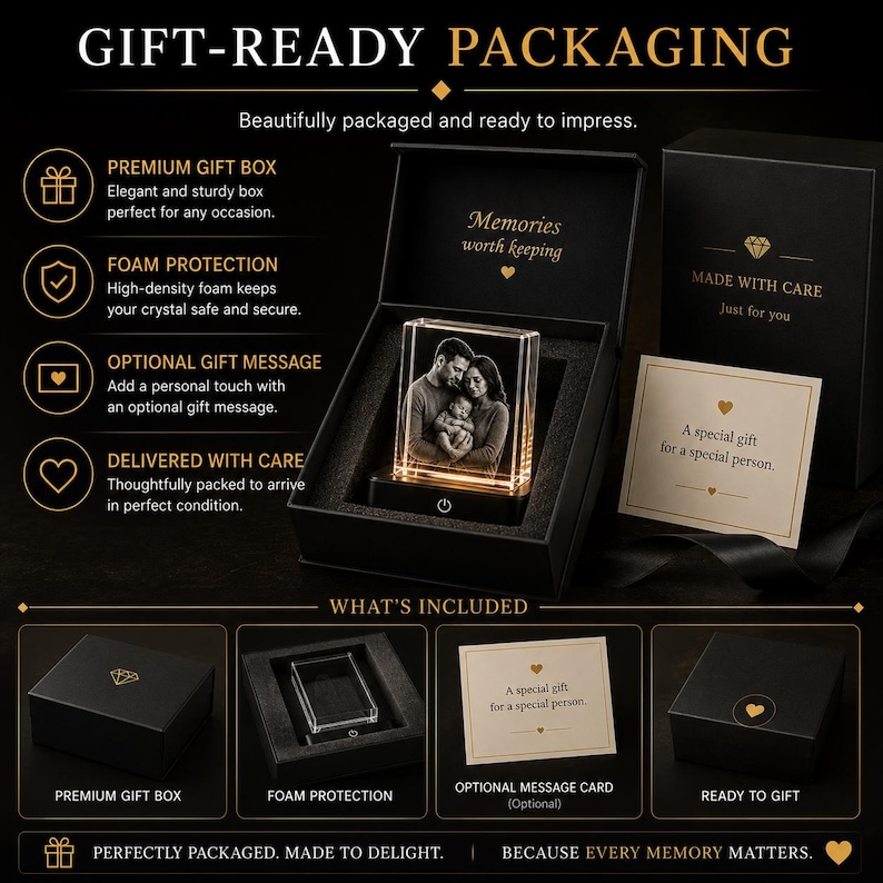 May include: A black gift box containing a rectangular glass crystal block with a laser-etched photograph of two adults holding a baby. The crystal sits on a black light-up base. The set includes a small card with the text A special gift for a special person.