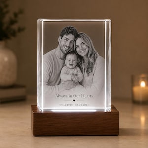Custom 3D Photo Crystal Gift with LED Light Base, Personalized 4K K9 Engraved Anniversary - Wedding -  Family Photo Keepsake Heart Rectangle