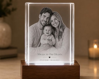 Custom 3D Photo Crystal Gift with LED Light Base, Personalized 4K K9 Engraved Anniversary - Wedding -  Family Photo Keepsake Heart Rectangle