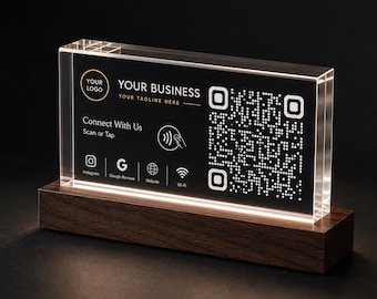 Custom Crystal QR Code Review Sign with LED Walnut Base | Engraved Business Logo Counter Display for Google Reviews & Social Media