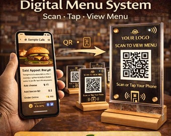 QR & NFC Table Menu Stand Set | Wooden Acrylic Menu Signs | Restaurant QR Menu Stands | Digital Menu Setup Included