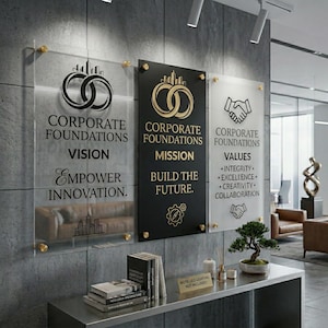 Custom Acrylic Mission Statement Sign, Professional Corporate Branding Signage, Office Wall Decor, Company Vision - Values Plaque, Lobby Art