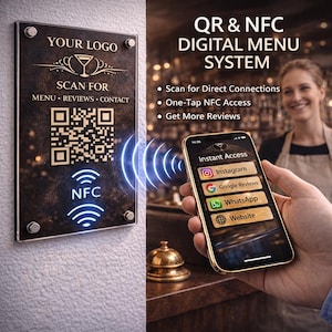 Può includere: Un sistema di menu digitale con codice QR e tecnologia NFC. Il cartello recita "Il tuo logo" e "Scansiona per Menu, Recensioni, Contatti". Uno smartphone mostra "Accesso istantaneo" a Instagram, Google Reviews, WhatsApp e un sito web. Il sistema offre connessioni dirette e accesso NFC con un tocco.