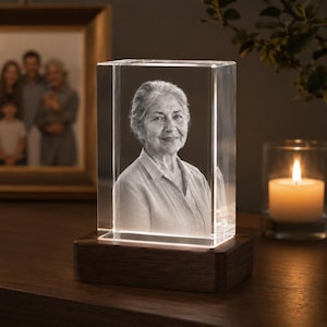 Memorial 3D Crystal Photo Keepsake, In Loving Memory Sympathy Gift, Custom Engraved K9 Crystal with LED, Loss of Mother Father Spouse image 2