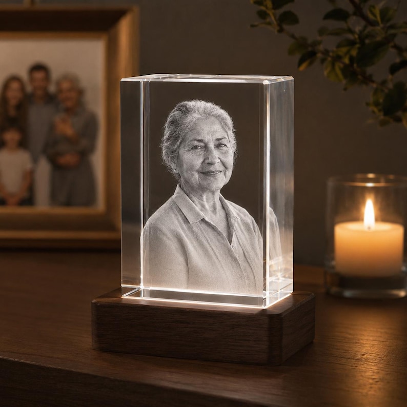 Memorial 3D Crystal Photo Keepsake, In Loving Memory Sympathy Gift, Custom Engraved K9 Crystal with LED, Loss of Mother Father Spouse image 2
