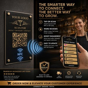 Letrero con código QR NFC para negocios / Letrero acrílico inteligente con enlaces a reseñas de Google, Instagram y sitio web / Letrero publicitario personalizado para negocios