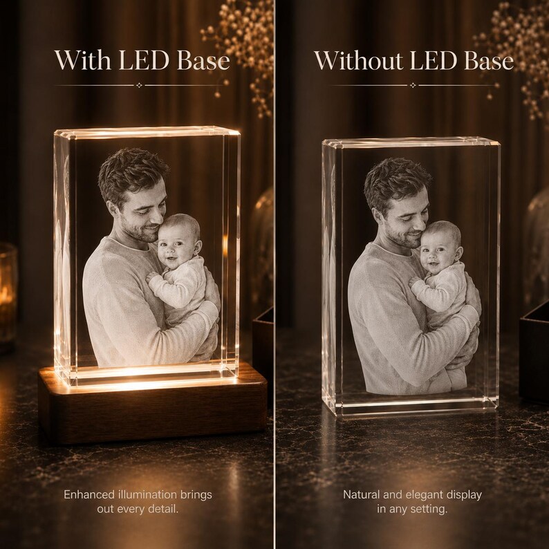 May include: A rectangular glass block featuring a laser-etched monochrome photograph of an adult holding a baby. The left side shows the block on a rectangular wooden LED base with illumination, while the right side shows the block without the base.