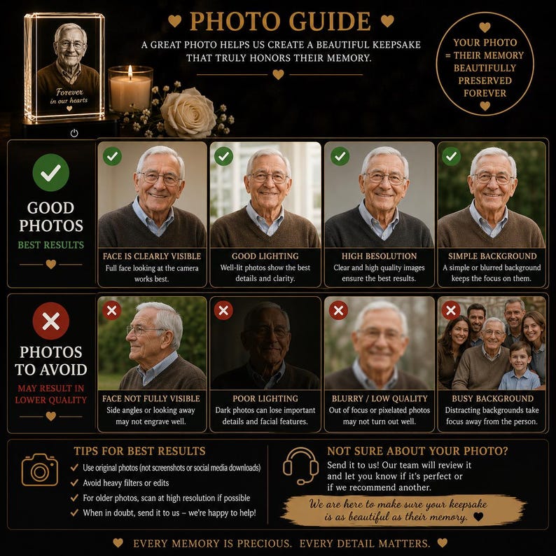 May include: A black and gold informational guide for photo submissions featuring a grid of examples. The top section shows good photo criteria with checkmarks, while the bottom section displays photos to avoid with red X marks. Text includes Photo Guide, Good Photos, Photos to Avoid, and tips for best results.