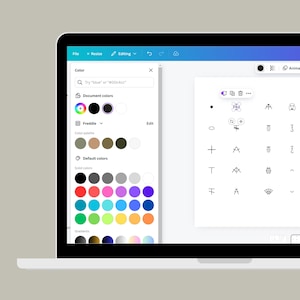 May include: A screenshot of a computer screen showing a color palette with various shades of red, blue, green, yellow, and black. The screen also shows a selection of icons, including a circle, a plus sign, a T, and a star.