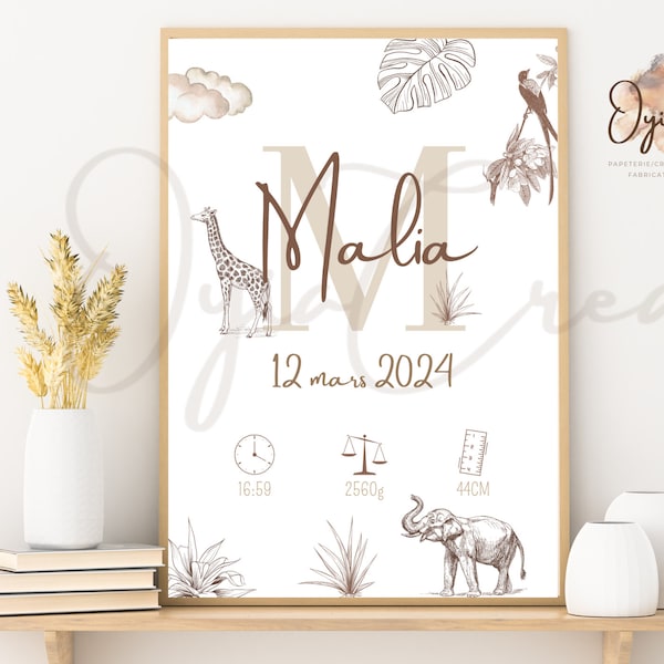 Affiche bébé/enfant personnalisée | souvenir de naissance-décoration pour chambre de bébé | thème jungle | savane | beige marron