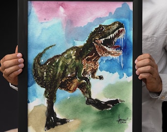 Dinosaur – Original Watercolor Painting Framed Print on Canvas – Home Wall Décor – Dinosaur Illustration Image Print
