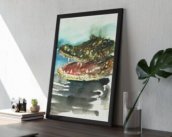 Krokodil print – originele aquarel schilderij gedrukt op canvas – ingelijste dieren print – Home decor