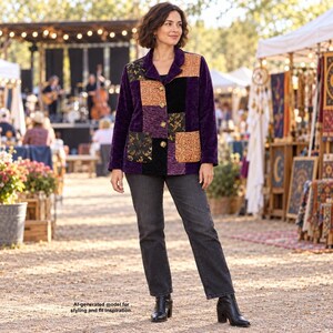 May include: A long-sleeve jacket featuring a patchwork design of purple, black, and gold-toned fabric panels with floral patterns. The jacket has a collared neckline, a button-front closure, and two front pockets, paired with dark gray denim jeans.