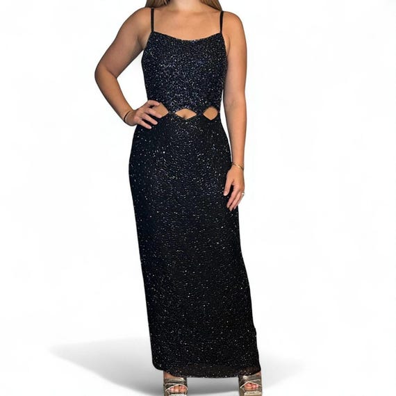 Scala Black Evening Gown Aurora Borealis Hand Bea… - image 1