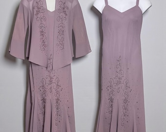 Robe de cérémonie perlée mauve vintage des années 90 avec veste transparente | Ensemble glamour mère de la mariée | Taille 12
