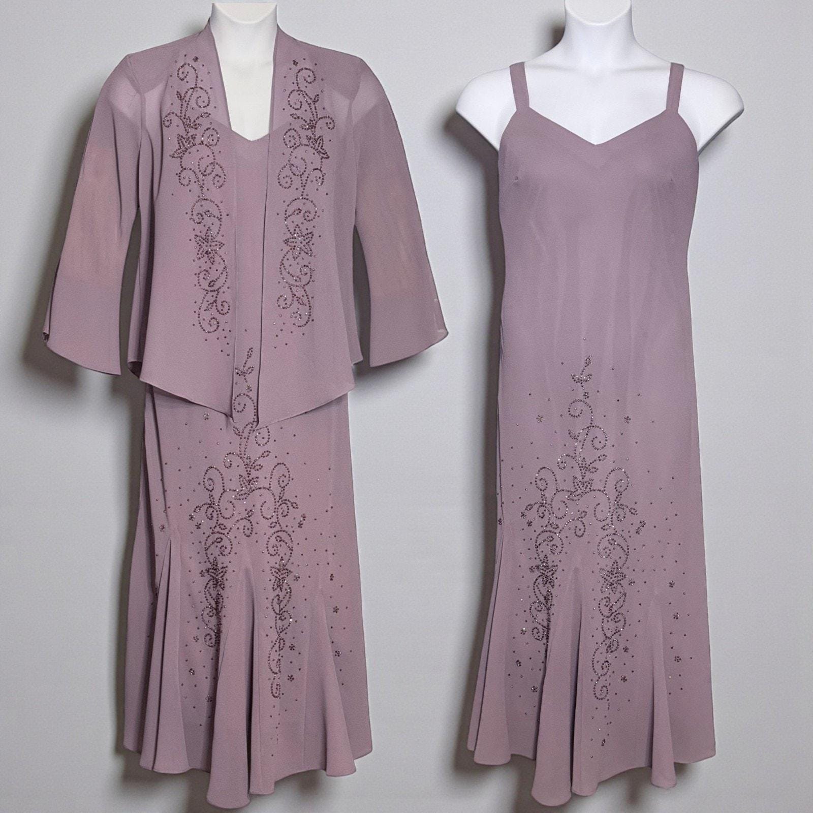 Suknia wieczorowa w stylu vintage z lat 90., zdobiona koralikami w kolorze fioletowego mauve z przezroczystą marynarką | Olśniewający komplet dla matki panny młodej | Rozmiar 12